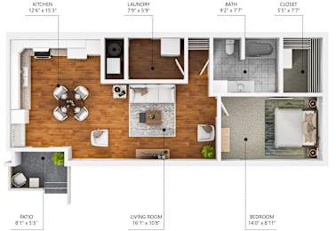 A floor plan of a house showing the layout of the kitchen, living room, bedroom, bathroom, laundry, and closet.