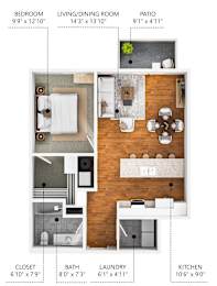 A floor plan of a small apartment with a bedroom, living/dining room, kitchen, bathroom, laundry, and patio.