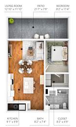 A diagram of a small apartment with a living room, kitchen, bathroom, bedroom and patio.