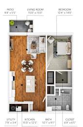 A floor plan of a small apartment with a living room, kitchen, bathroom, and bedroom.