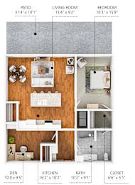 A diagram shows the layout of a home with a living room, kitchen, and bedroom.