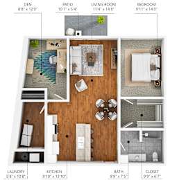 A floor plan of a home showing the layout of the living room, kitchen, bedrooms and bathrooms.