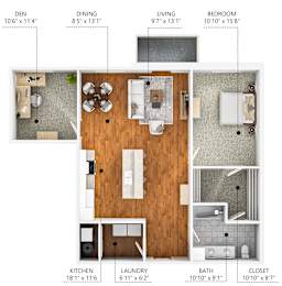 A floor plan of a small apartment with a kitchen, living room, dining room, bedroom, and bathroom.