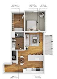 A floor plan of a small apartment with a laundry area, bedroom, living room, and kitchen.