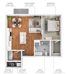 A floor plan of a small apartment with a kitchen, living room, dining area, bedroom, bathroom, laundry, and closet.