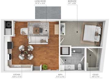 A floor plan of a small apartment with a living room, kitchen, bathroom, and bedroom.