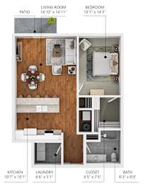 A diagram of a house showing the living room, bedroom, patio, kitchen, bathroom, and laundry room with their respective dimensions.