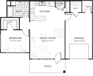 A floor plan of a house with a bedroom, great room, garage, and patio.