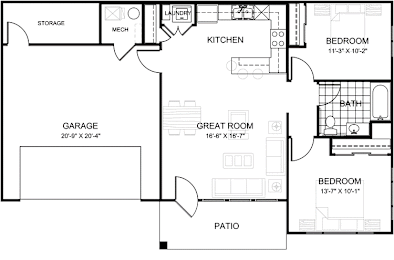 A floor plan of a house with a garage, two bedrooms, a kitchen, a great room, and a patio.