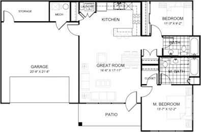 A floor plan of a house with a garage, two bedrooms, a kitchen, a laundry room, and a great room.