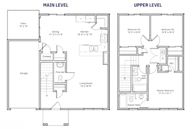 A floor plan of a two-level home with labeled rooms and dimensions.