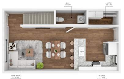 A floor plan of a house showing the living room, kitchen, bathroom, and pantry with their respective dimensions.