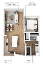A diagram of a small apartment showing the layout of the living/dining room, kitchen, bedroom, and bathroom.