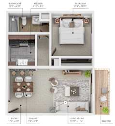 A diagram shows the layout of a small apartment with a bathroom, kitchen, bedroom, living room, entry, and balcony.