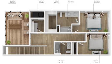 A floor plan of a small apartment with a balcony, laundry, closet, and bathrooms.