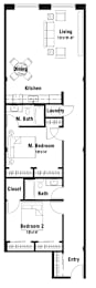 A floor plan of a house with a living room, dining room, kitchen, laundry, two bathrooms, two bedrooms, a closet, and an entry.