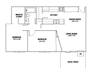 A floor plan of a home with a living room, dining room, kitchen, and two bedrooms.