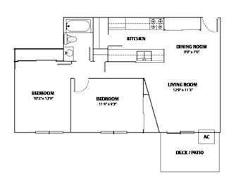A floor plan of a house with two bedrooms, a living room, a dining room, a kitchen, and a deck/patio.