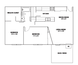 A floor plan of a house with a living room, dining room, kitchen, and bedrooms.