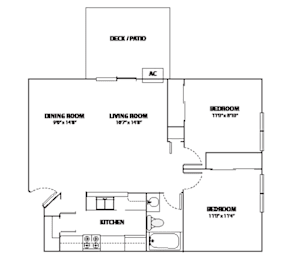 A floor plan of a house with a deck, dining room, living room, kitchen, and two bedrooms.