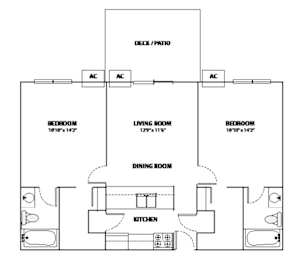 A floor plan of a house with three bedrooms, a living room, a dining room, and a kitchen.