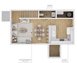 A floor plan of a small apartment with a living room, kitchen, and powder room.
