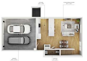 A floor plan of a house with a garage, living room, kitchen, and powder room.