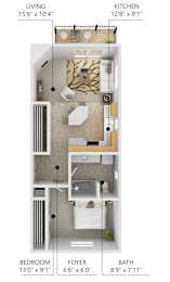 A diagram of a small apartment with a living room, kitchen, bedroom, and bathroom.