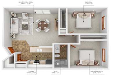 A diagram shows the layout of a living area, kitchen, and two bedrooms.