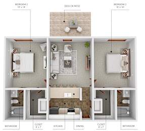 A diagram shows the layout of a small apartment with two bedrooms, a bathroom, a kitchen, a dining area, a closet, and a deck or patio.