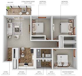 A floor plan of a small apartment with a living room, two bedrooms, a kitchen, a bathroom, and a foyer.