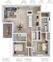 A diagram of a small apartment layout with a living room, dining room, kitchen, entry, bathrooms, and bedrooms.