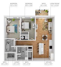 A diagram of a small apartment layout with a living room, kitchen, two bedrooms, a bathroom, and a closet.