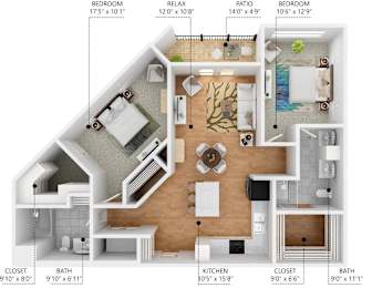 A floor plan of a house showing the layout of the bedrooms, bathrooms, kitchen, and patio.