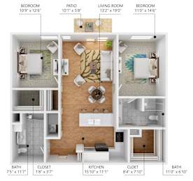 A floor plan of a house with a living room, two bedrooms, a patio, a bathroom, a kitchen, a cloet, and a closet.