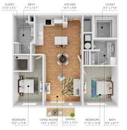 A floor plan of an apartment with a living room, dining room, kitchen, two bedrooms, and two bathrooms.