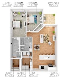 A diagram of a house showing the layout of the bathrooms, bedrooms, living room, kitchen, closet, and laundry area.