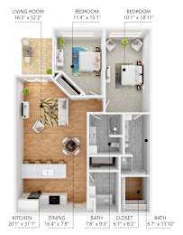 A diagram shows the layout of a living room, two bedrooms, a kitchen, a dining area, a bathroom, and a closet.