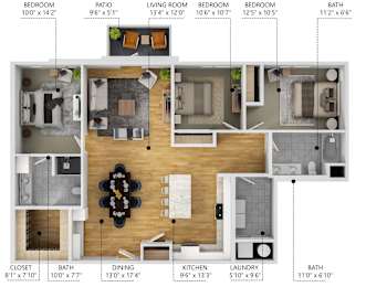 A floor plan of a house with a living room, two bedrooms, a bathroom, a kitchen, a dining room, a laundry room, and a patio.
