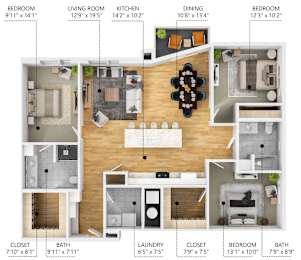 A floor plan of a two-bedroom, two-bathroom apartment with a living room, kitchen, and dining room.