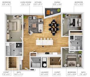 A diagram of a house layout with labeled rooms and their dimensions.