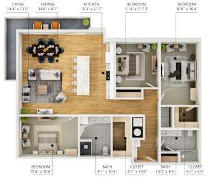 A diagram shows the layout of a two-bedroom apartment with dimensions for each room.