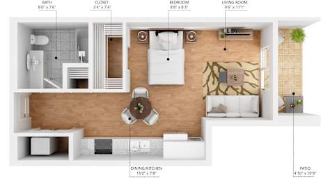 A floor plan of a small apartment with a living room, dining area, kitchen, bedroom, and bathroom.