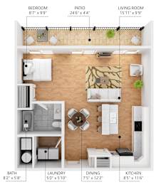 A floor plan of an apartment with a bedroom, living room, kitchen, bathroom, and laundry area.