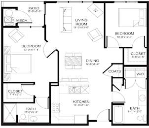 A black and white image of a house floor plan with a patio, two bedrooms, a living room, a kitchen, two bathrooms, and two closets.