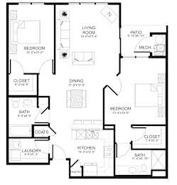 A black and white image of a floor plan for a house with a living room, dining room, kitchen, pantry, and two bedrooms.