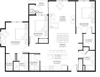 A black and white image of a house floor plan.