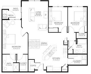 A black and white floor plan of a house with labeled rooms and dimensions.
