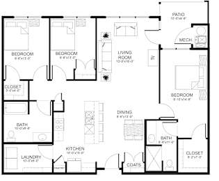 A black and white image of a floor plan for a house with labeled rooms.