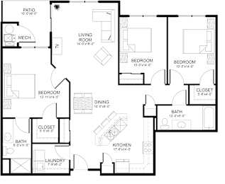 A black and white floor plan of a house with labeled rooms.